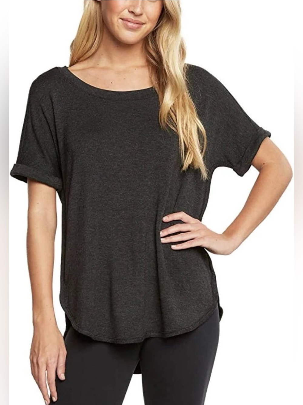 (GRAY/GREEN) Matty M Short Sleeve Rolled Cuff Tunic Top Shirt